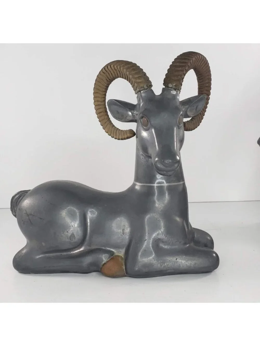 Art Deco Pewter Brass Ram Antelope Ibex Bookend Pair Vintage 1930s